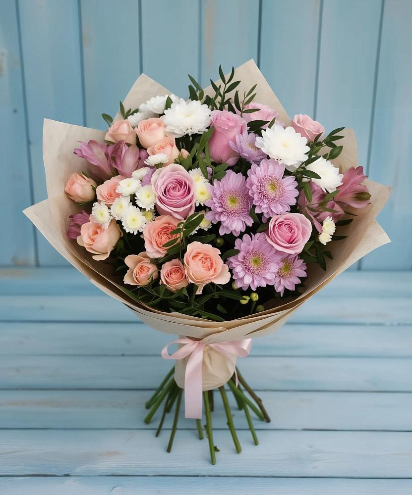 Букет цветов из: Хризантемы, Розы и Альстромерии в Жарковском