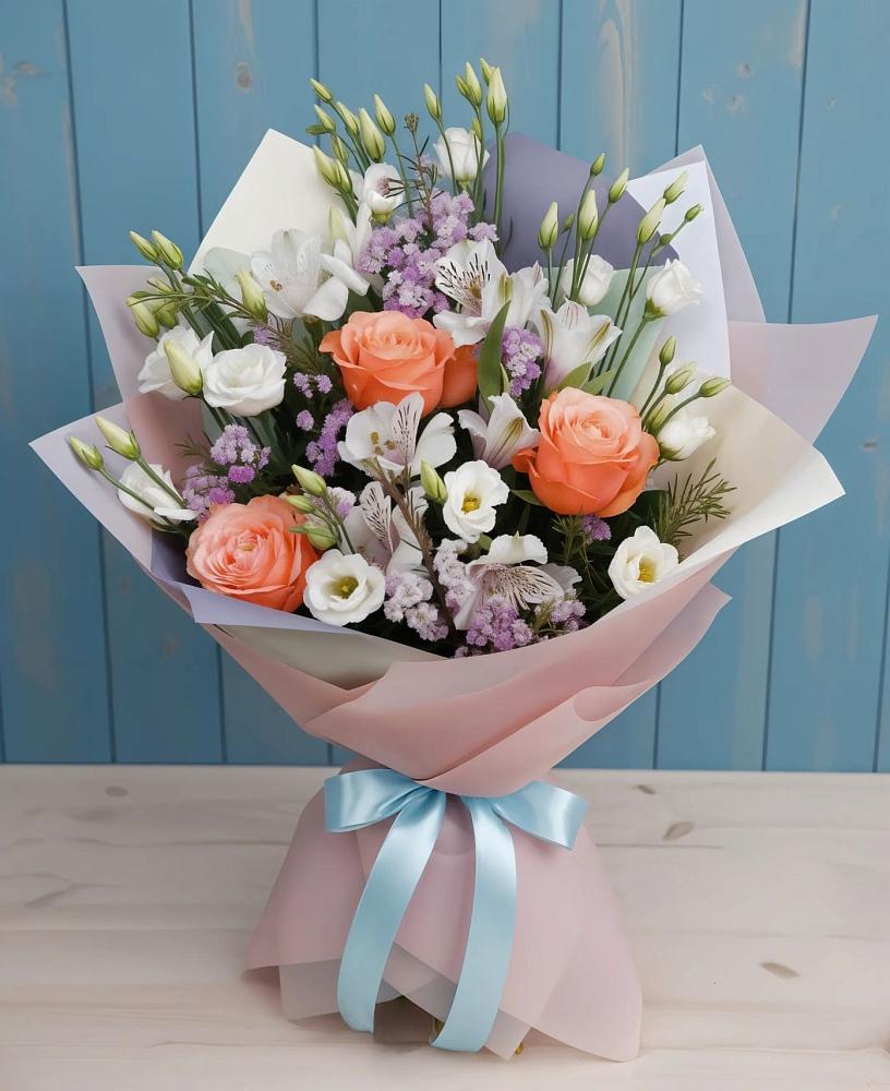 Букет цветов из: Лизиантусы, Розы, Альстромерии и Гипсофила в Жарковском