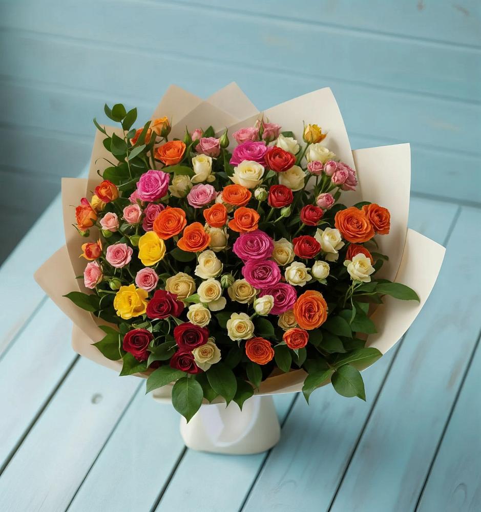 Букет Микс из разноцветных кустовых роз в Жарковском