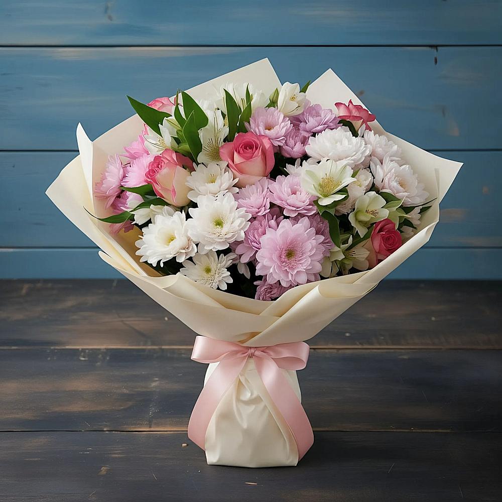 Букет цветов из: Хризантемы, Альстромерии и Розы в Жарковском